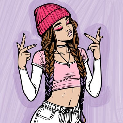 realistic teenage girl with braids and a beanie and crop top doing 🫶🏼