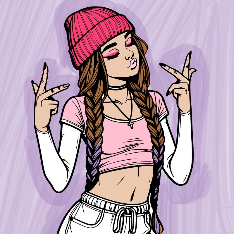 realistic teenage girl with braids and a beanie and crop top doing 🫶🏼
