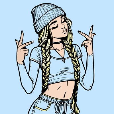 realistic teenage girl with braids and a beanie and crop top doing 🫶🏼