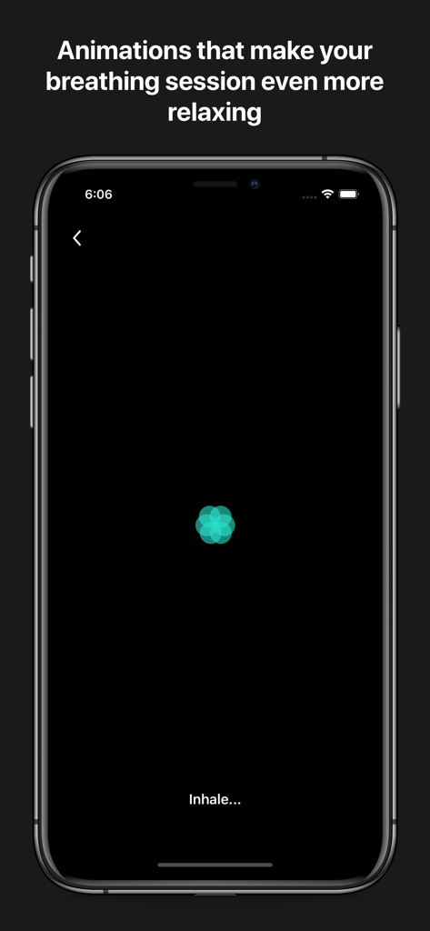 Smartphone screen displaying a relaxing teal animation with an inhale prompt during a breathing session in the Becalm app.