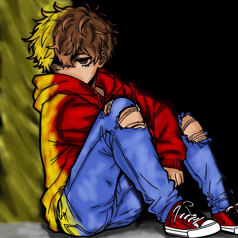 a male hoddie ripped jeans messy hair anime