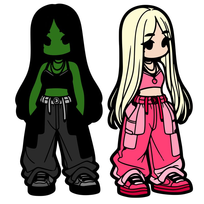 girl in baggy pants crop top and long hair