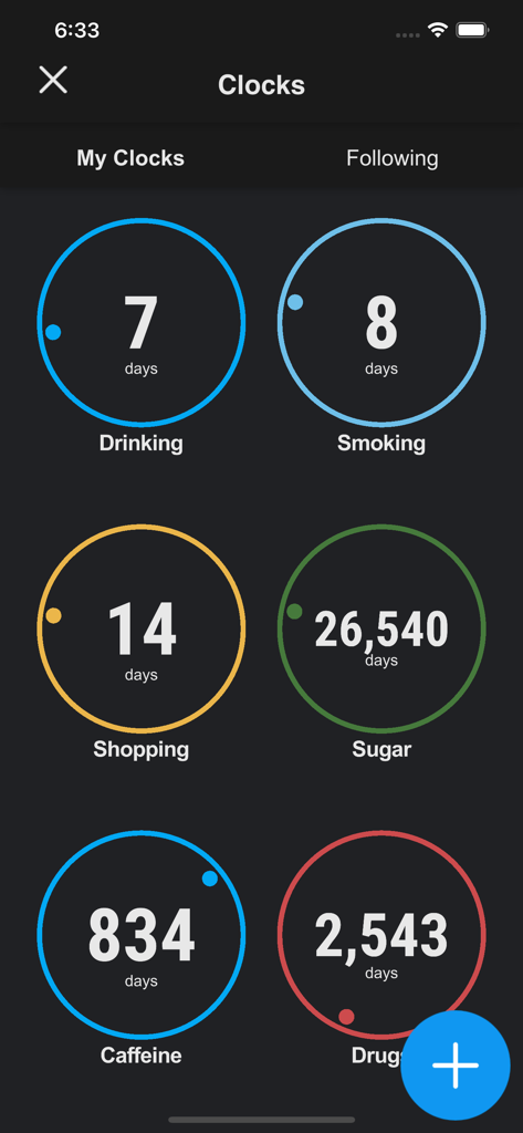 Nomo -  Sobriety Clocks - Dashboard view of Nomo sobriety app with multiple circular clocks tracking different habits like drinking smoking and caffeine