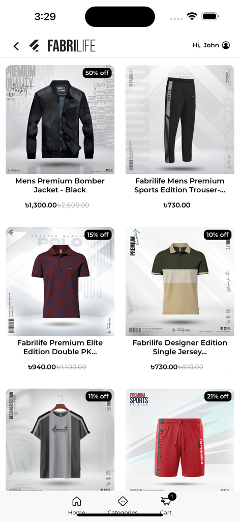 Fabrilife mobile app interface displaying a variety of men's apparel including jackets, trousers, and polo shirts with discount labels.
