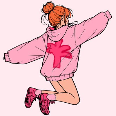 realistic girl jumping with a bun and oversized sweatshirt