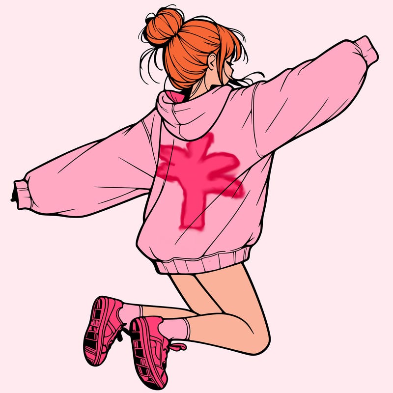 realistic girl jumping with a bun and oversized sweatshirt