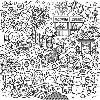 Step into a world of adorable celebrations with this Kawaii Japanese festival coloring page, blending beloved holidays and seasonal traditions. This intricate full-scene design promises delightful coloring for all ages.