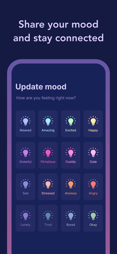 Interface of the Cozy Couples app showing a grid of different mood options with colored light bulb icons like relaxed amazing and happy.