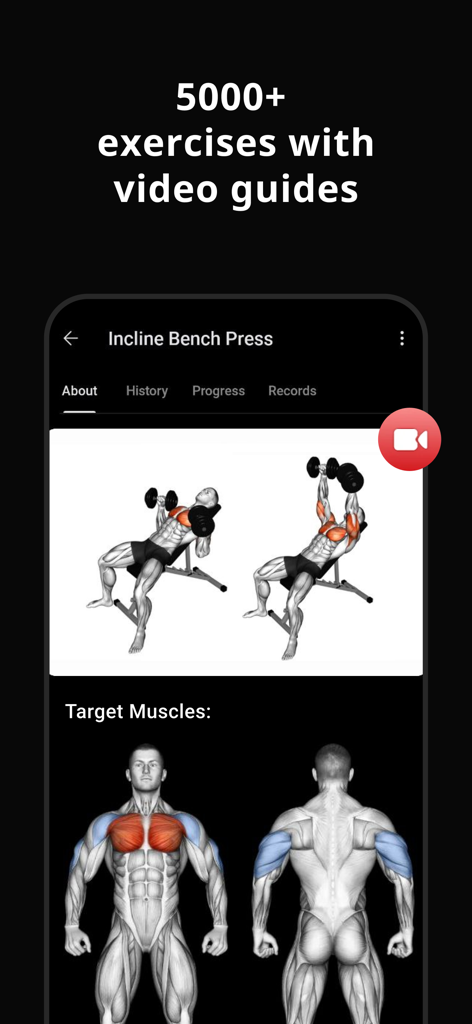 Lyfta app interface showing incline bench press instructions with muscle target diagrams and video guide button.