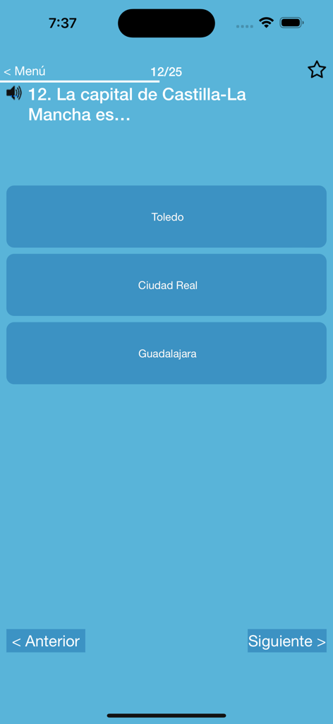 Una pregunta de práctica de la aplicación Test de Nacionalidad España preguntando por la capital de Castilla-La Mancha con opciones de respuesta múltiple.