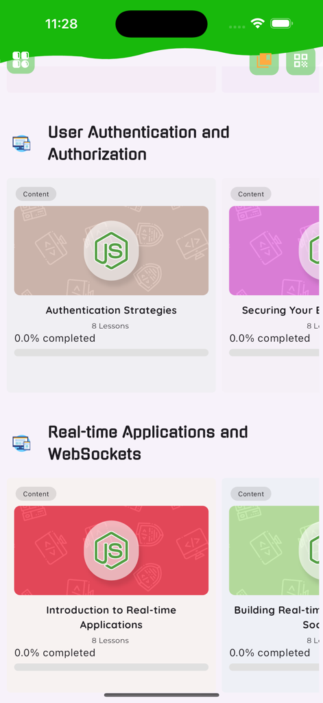 Mobile app screen showing Node.js and Express.js course modules for authentication and real-time applications.