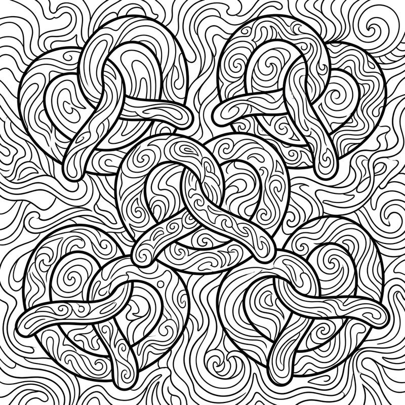 Explore a mind-bending world where classic pretzels meet vibrant psychedelic patterns in this unique coloring page. Get ready to transform these trippy designs with your wildest color palette.
