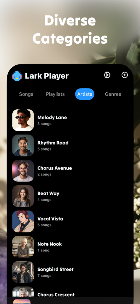 Lark Player app showing the artists category list with diverse music profiles