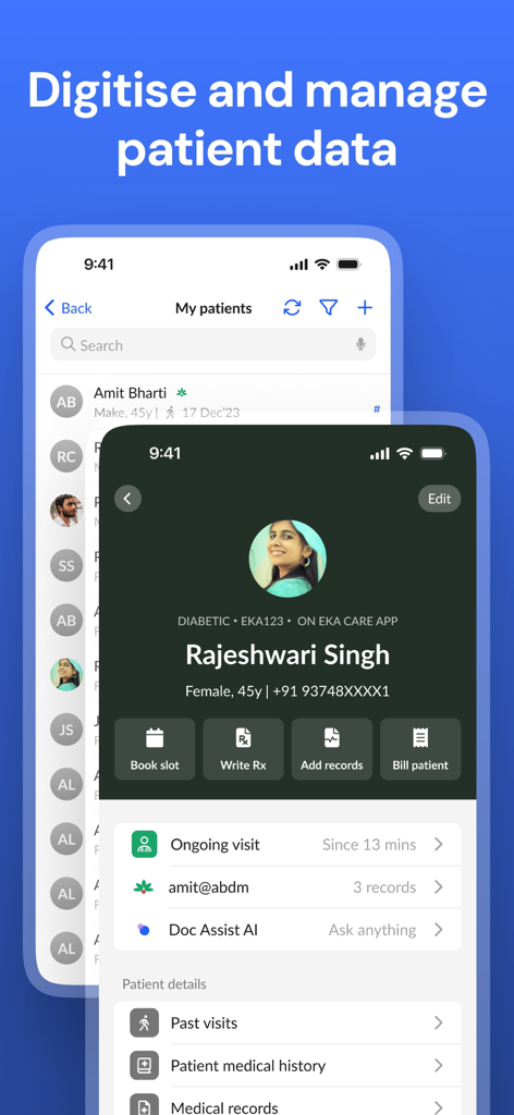 Eka Doc: AI, Scribe, EMR/EHR - Panel móvil de Eka Doc que muestra el perfil del paciente con opciones para registros médicos digitales y recetas