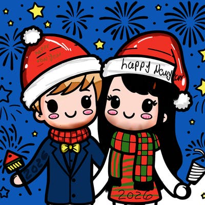 new year couple with fireworks