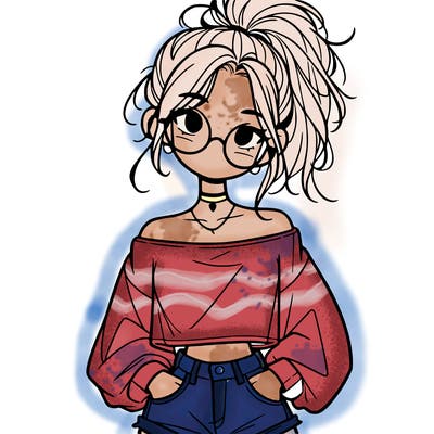 girl with a messy ponytail glasses a baggy crop top and jean shorts