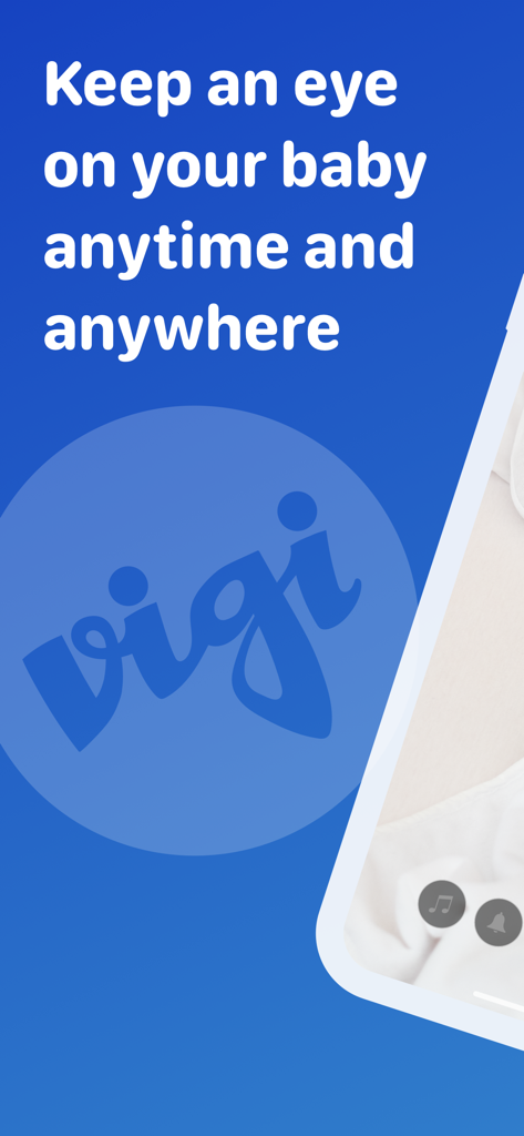 Cloud Baby Monitor promotional screen with text keep an eye on your baby anytime and anywhere and a preview of a baby sleeping in a crib