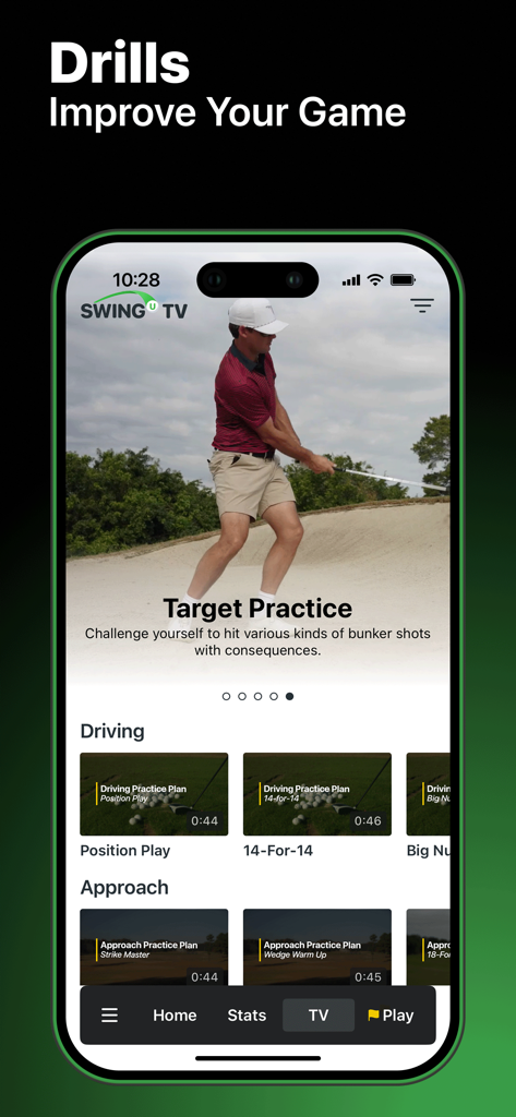 SwingU: Golf GPS Range Finder - Interfaz de la aplicación SwingU que muestra varios ejercicios de entrenamiento de golf y videos instructivos en SwingU TV.