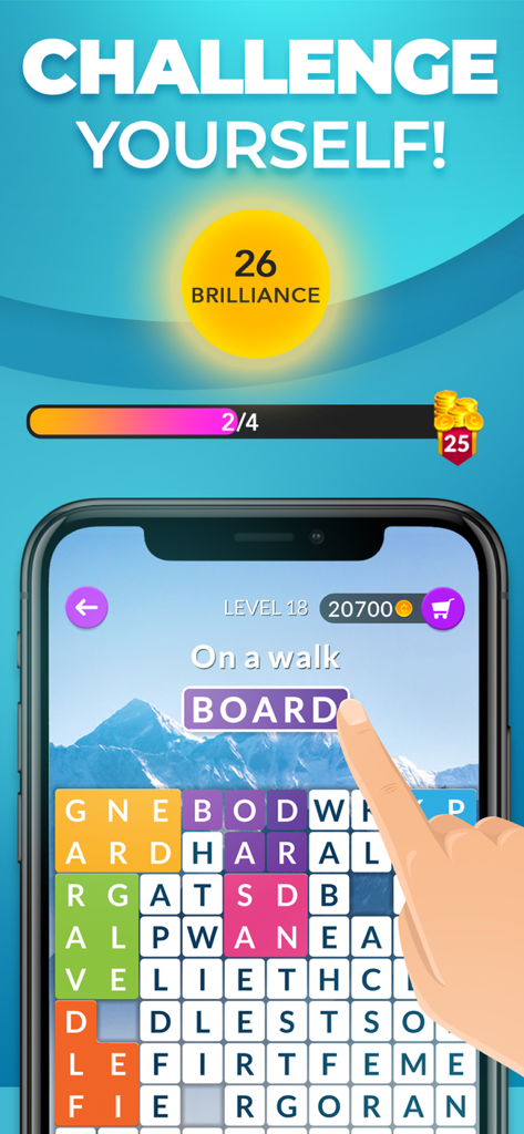 Wordscapes Shapes - Wordscapes Shapes gameplay showing a word search puzzle with a scenic mountain backdrop