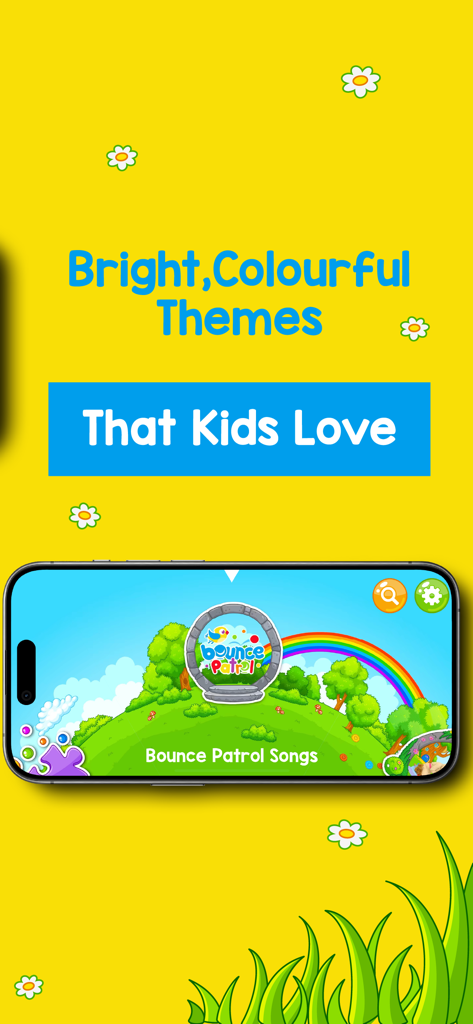 Bounce Patrol Nursery Rhymes! - Interfaz de app brillante y colorida para Bounce Patrol Nursery Rhymes mostrada en la pantalla de un teléfono inteligente sobre un fondo amarillo.
