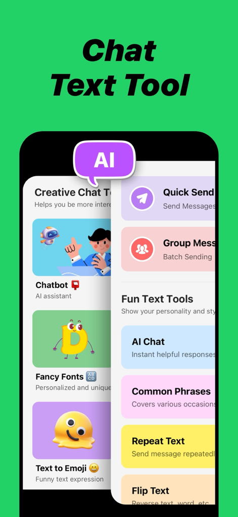 Watsapp Deleted Message Backup - Screenshot of a mobile app interface named Chat Text Tool displaying various messaging features like AI chatbot, fancy fonts, and quick send options.