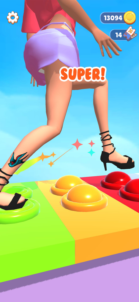 ASMR Tippy Toe - Gameplay of ASMR Tippy Toe showing a character in high heels stepping on colorful pop it fidget toys