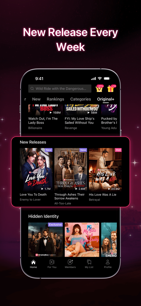 Love You To DeathやHis Love Was A Lieなどの新しいショートドラマのリリースを表示するDramaBoxアプリのインターフェースが表示されたスマートフォンの画面。