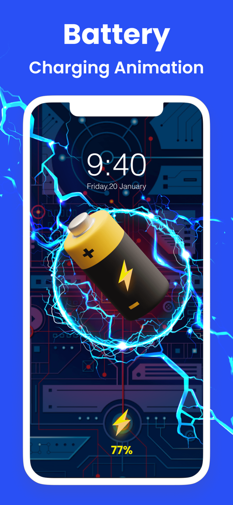 Clean Master: Clean Storage - Pantalla de iPhone mostrando una animación de carga de batería con efectos de electricidad azul y un fondo técnico