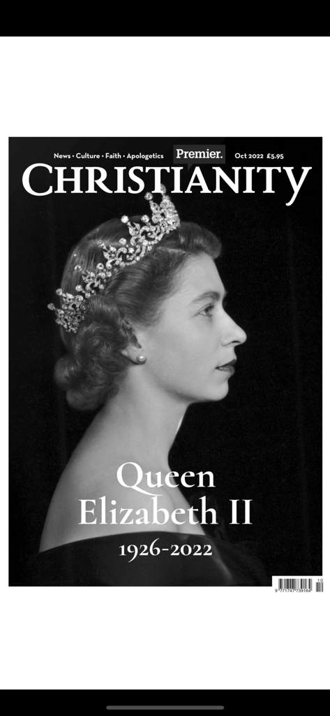 Cover of Premier Christianity Magazine October 2022 issue featuring a profile of Queen Elizabeth II