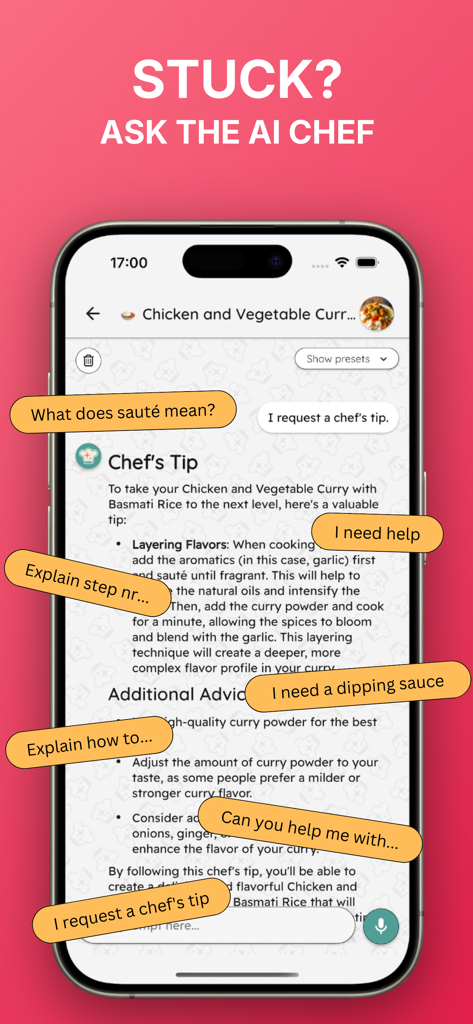 YouCook: Meal Plan & Recipes - Interface of the YouCook app showing the AI chef feature which provides cooking tips and answers kitchen questions.