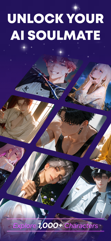 SoulHi: AI Live Roleplay Chat - SoulHi app screen displaying a grid of anime-style characters for AI roleplay and companionship.
