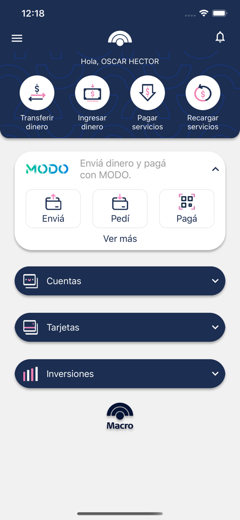 Banco Macro mobile banking app dashboard showing money transfer options and MODO digital wallet integration