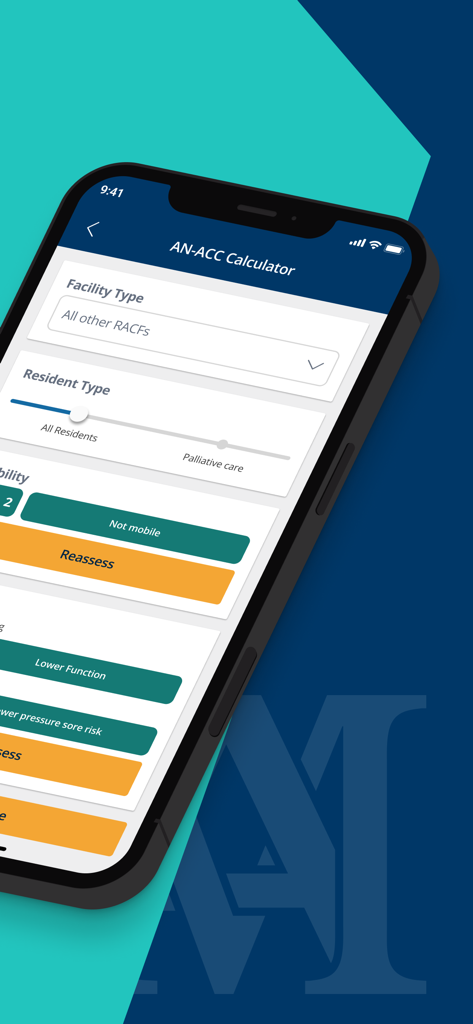 Mirus AN-ACC Calculator - A screenshot showing the Mirus AN-ACC Calculator app interface on a smartphone with fields for facility and resident type.