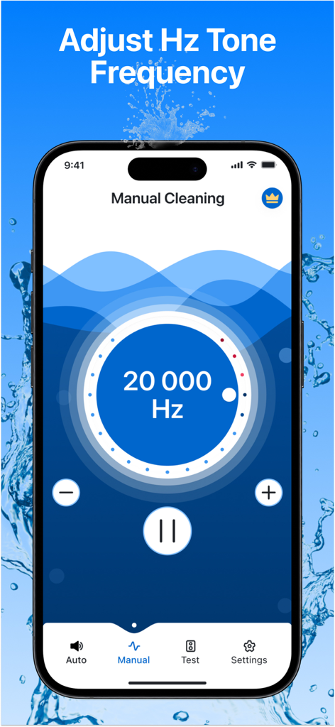 Manual cleaning screen showing frequency adjustment in Water Eject app