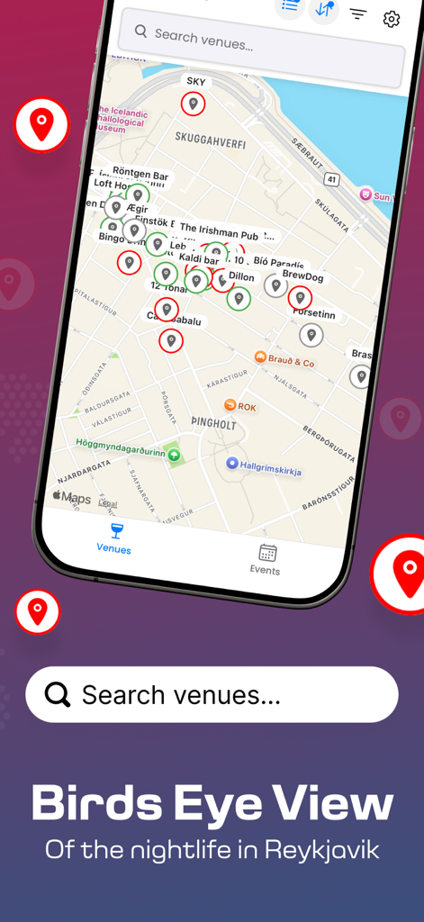 Barhopp - Happy Hour & Events - Vista mappa interattiva della vita notturna di Reykjavik che mostra le posizioni dei bar e i pin dei locali nell'app Barhopp