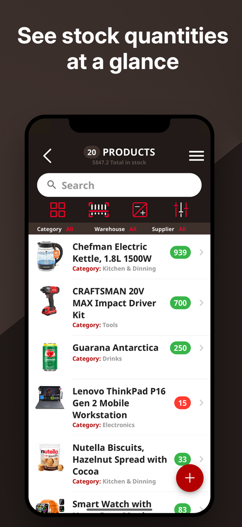 Telesto: Inventory Management - Mobile screen showing product list with real-time stock levels in Telesto inventory management app