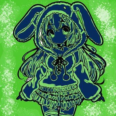 pretty anime girl wearing a fluffy hoodie with bunny ears on the hood and a skirt