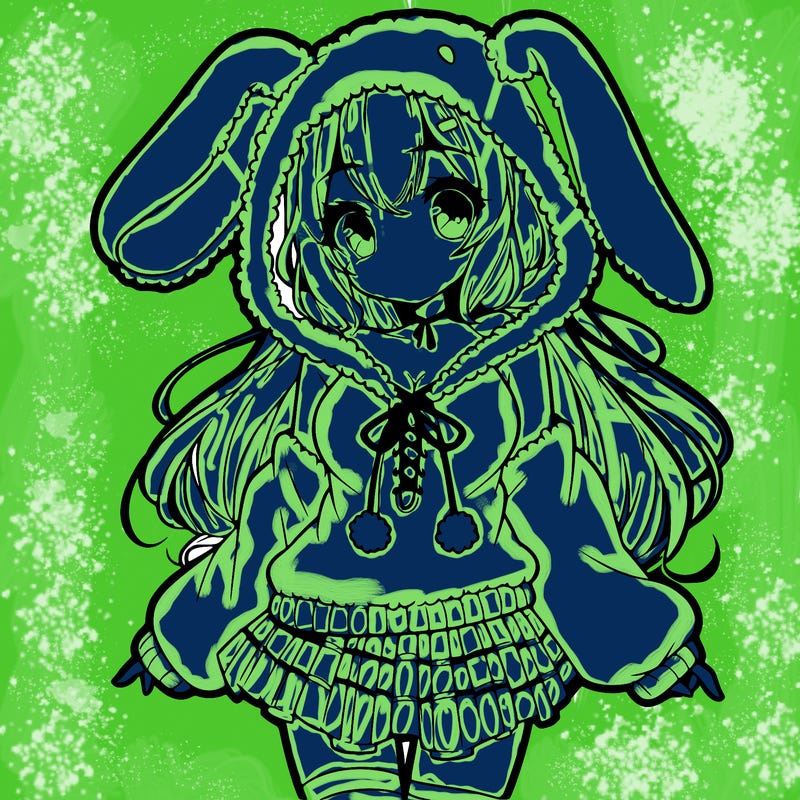 pretty anime girl wearing a fluffy hoodie with bunny ears on the hood and a skirt