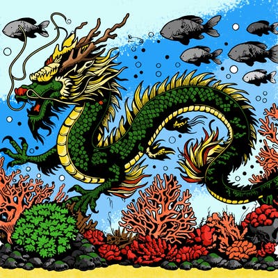 realistic chinese dragon swimming underwater detailed coral surrounded by fish