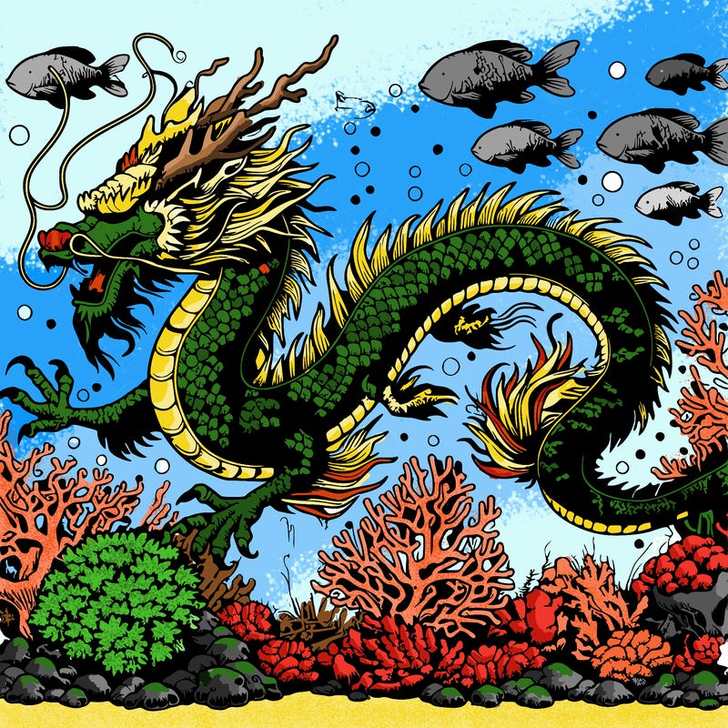 realistic chinese dragon swimming underwater detailed coral surrounded by fish