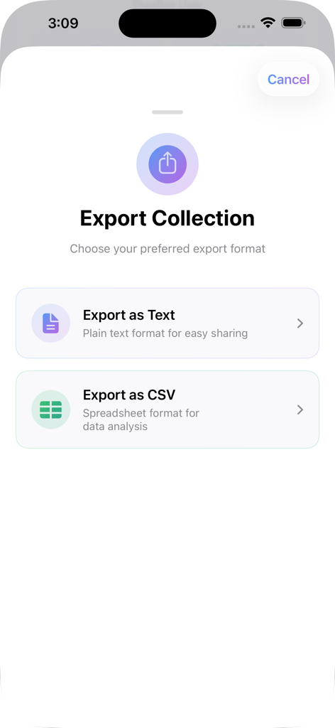 Shoebox - Sneaker Collection - Interface of the Shoebox app showing export options for sneaker collections as text or CSV files