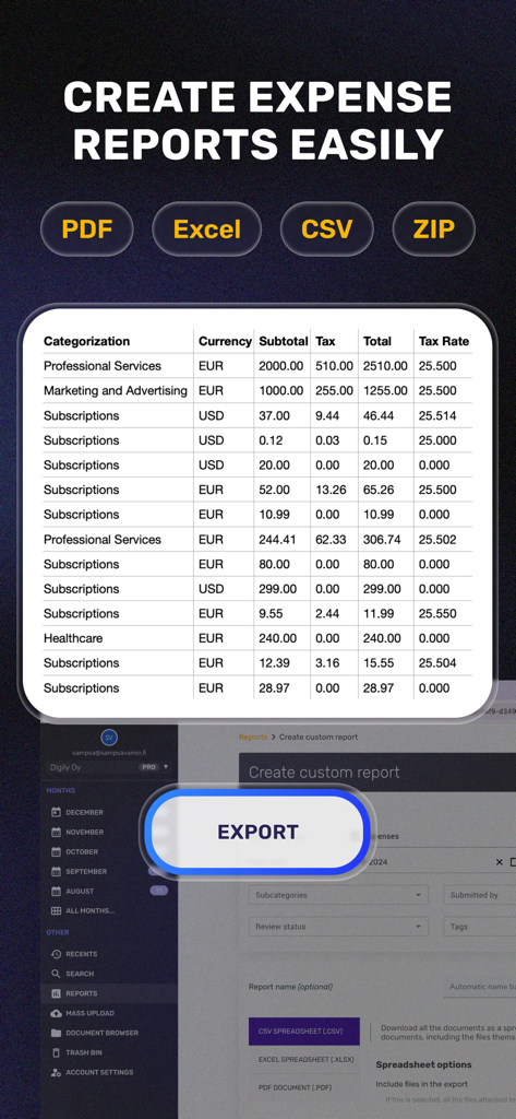 PDFやExcelなどの複数の形式で経費レポートを作成およびエクスポートするためのSparkReceiptアプリインターフェース