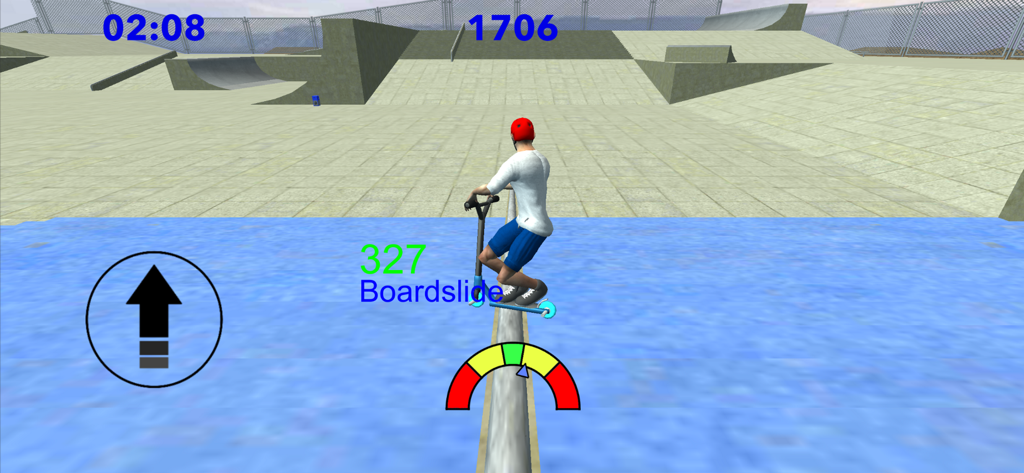 A character performing a boardslide trick on a rail in a 3D skate park environment