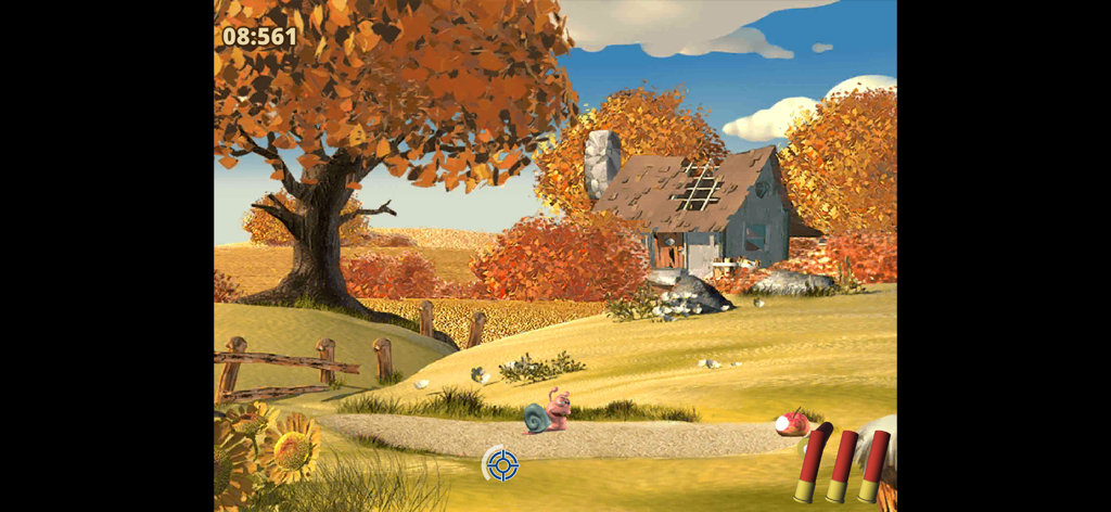 Moorhuhn X Crazy Chicken X gameplay screenshot showing an autumn farm landscape with a target crosshair and a pink snail