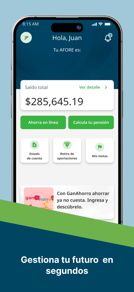 Panel de control de la aplicación AforeMóvil mostrando el saldo de los ahorros para el retiro y herramientas de gestión de pensiones