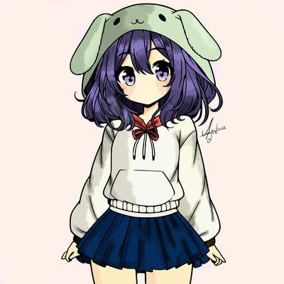 pretty anime girl wearing a fluffy hoodie with bunny ears on the hood and a skirt