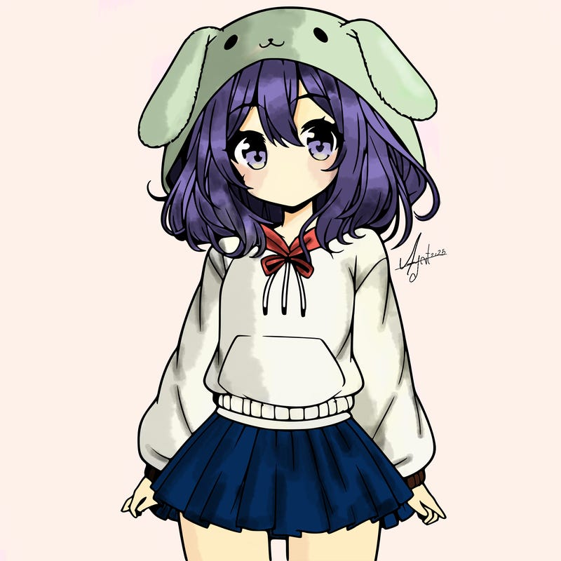 pretty anime girl wearing a fluffy hoodie with bunny ears on the hood and a skirt