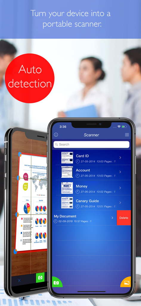 Scanner + pdf dосumеntѕ aрр - Mobile app interface on iPhone showing automatic document edge detection and a list of scanned PDF files