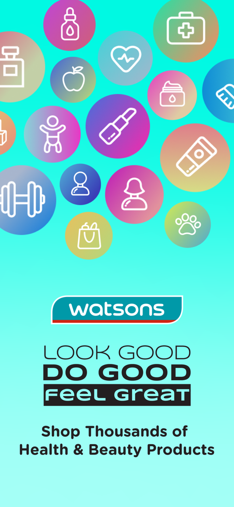 Schermata principale dell'app mobile Watsons Filippine con icone di salute e bellezza