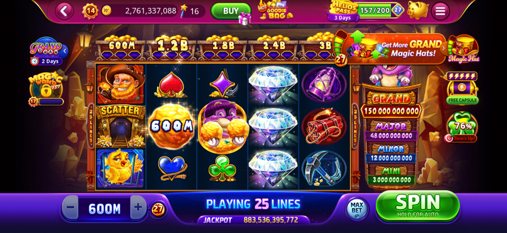 Gameplay of DoubleU Casino Vegas Slots featuring a mining themed slot machine with diamonds and a grand jackpot.